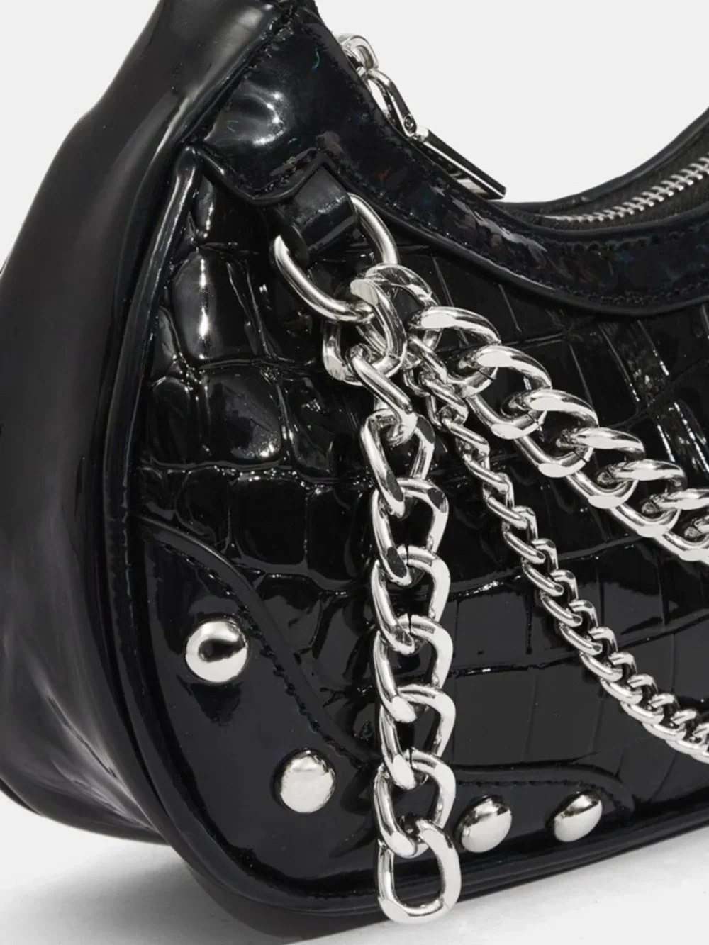 Y2K Black Croc Embossed Chain Shoulder Bag